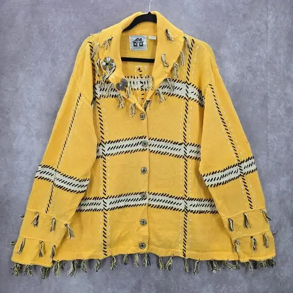 Storybook Knits Yellow Tassel Western Vintage Rhinestone Cotton Coat Jacket 3X - Picture 1 of 9